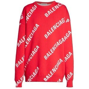Balenciaga Vibrant Red Crewneck Sweater with White Accents